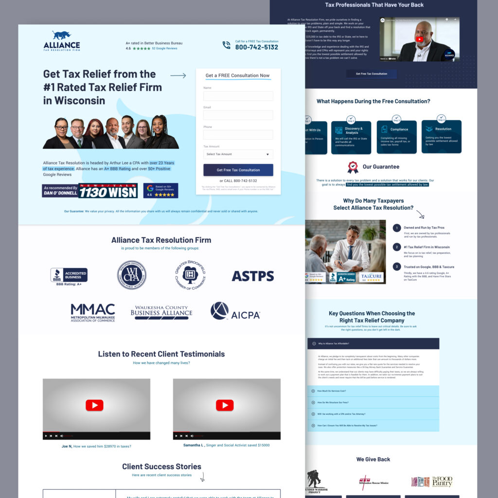 Alliance Tax Business landing page development and design project