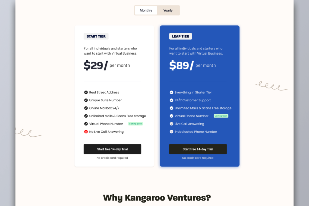 Kangaroo Startup Landing page pricing Design