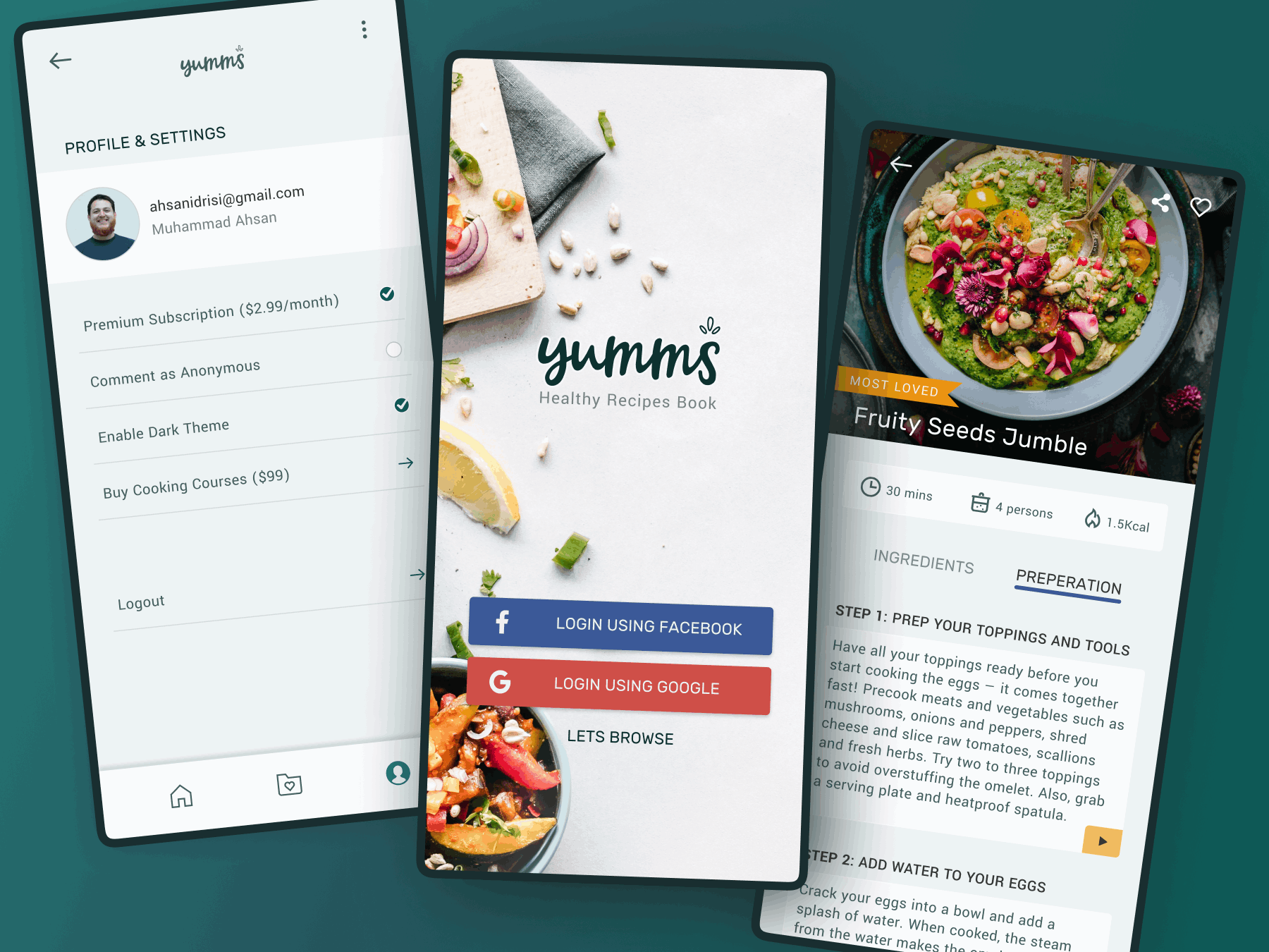 yumms food recipe mobile app design