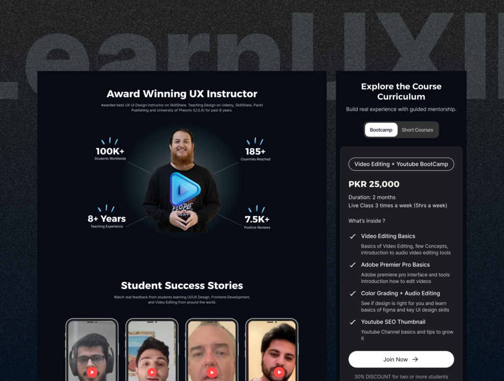 LearnUXID landing page design & development showcasing award-winning UX instructor with 100K+ students, course curriculum, and student success stories section
