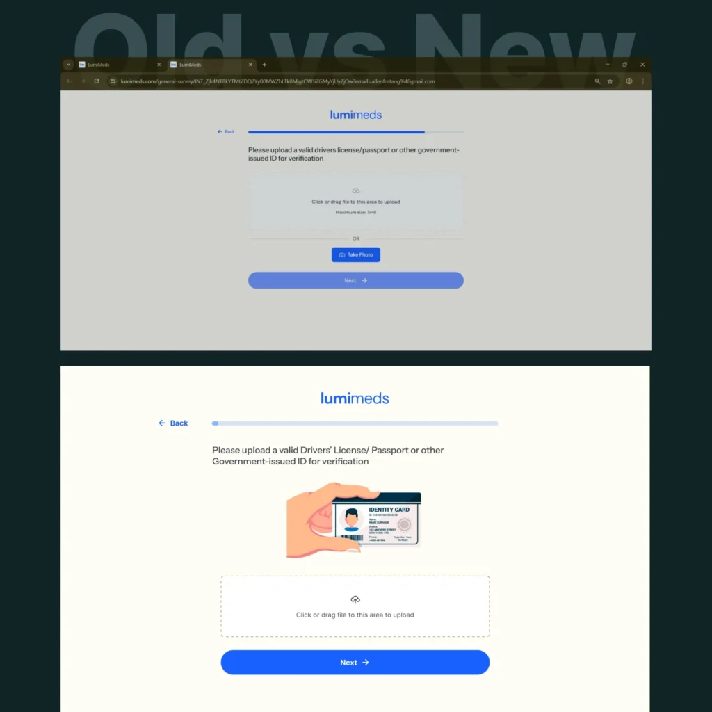 Lumimeds SaaS Onboarding UX Old vs New screen design where we have added icons to emphasize what type of image needed to be upload here