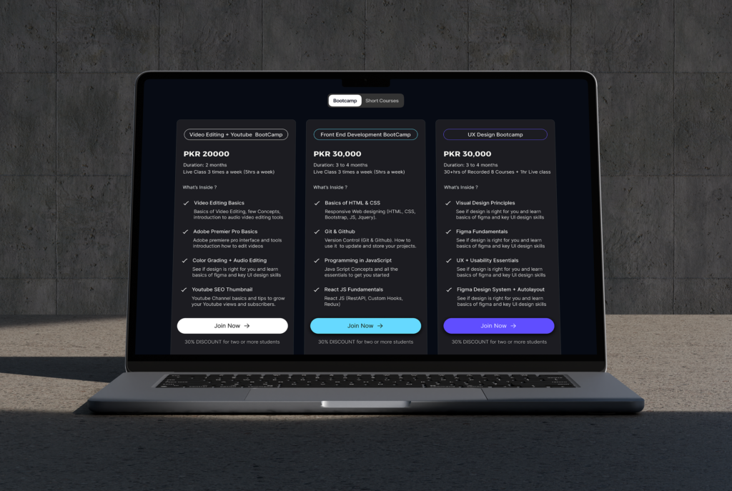 mockup of bootcamp courses and their detail

